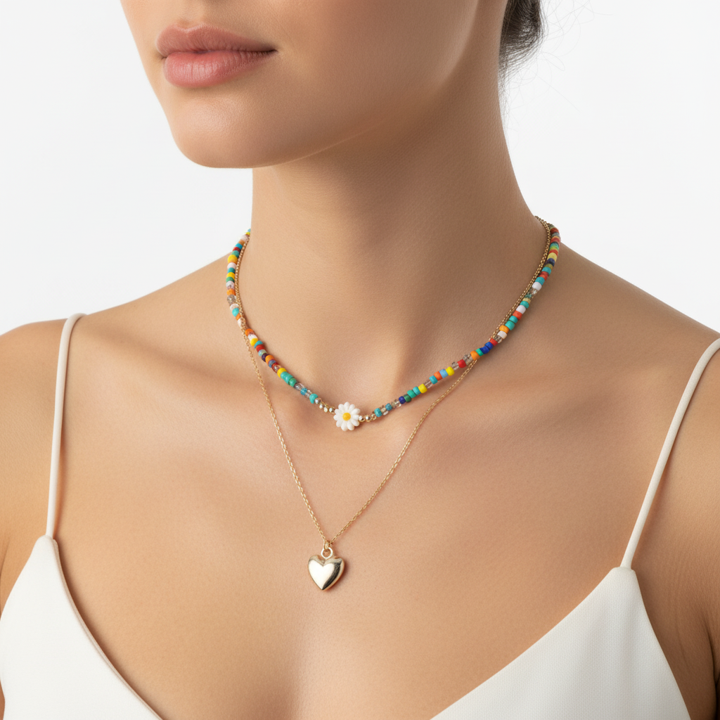 Colorful beaded heart necklace set