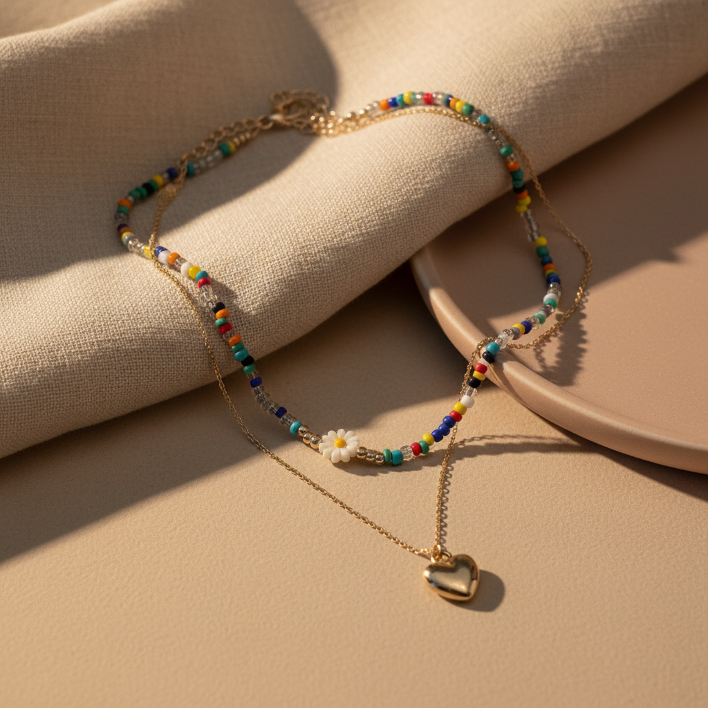 Colorful beaded heart necklace set
