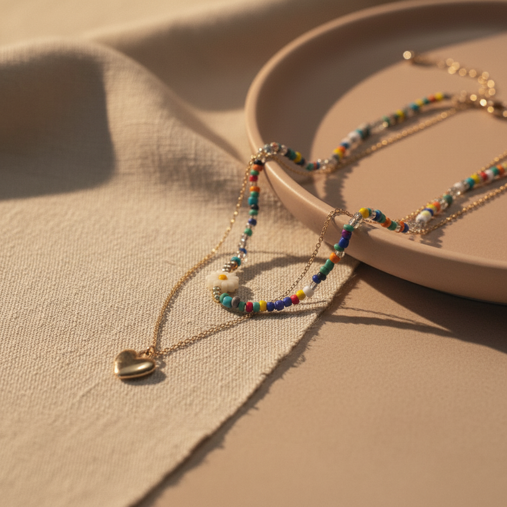 Colorful beaded heart necklace set