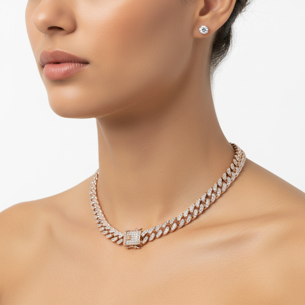 Pave cuban Link, necklace & stud set