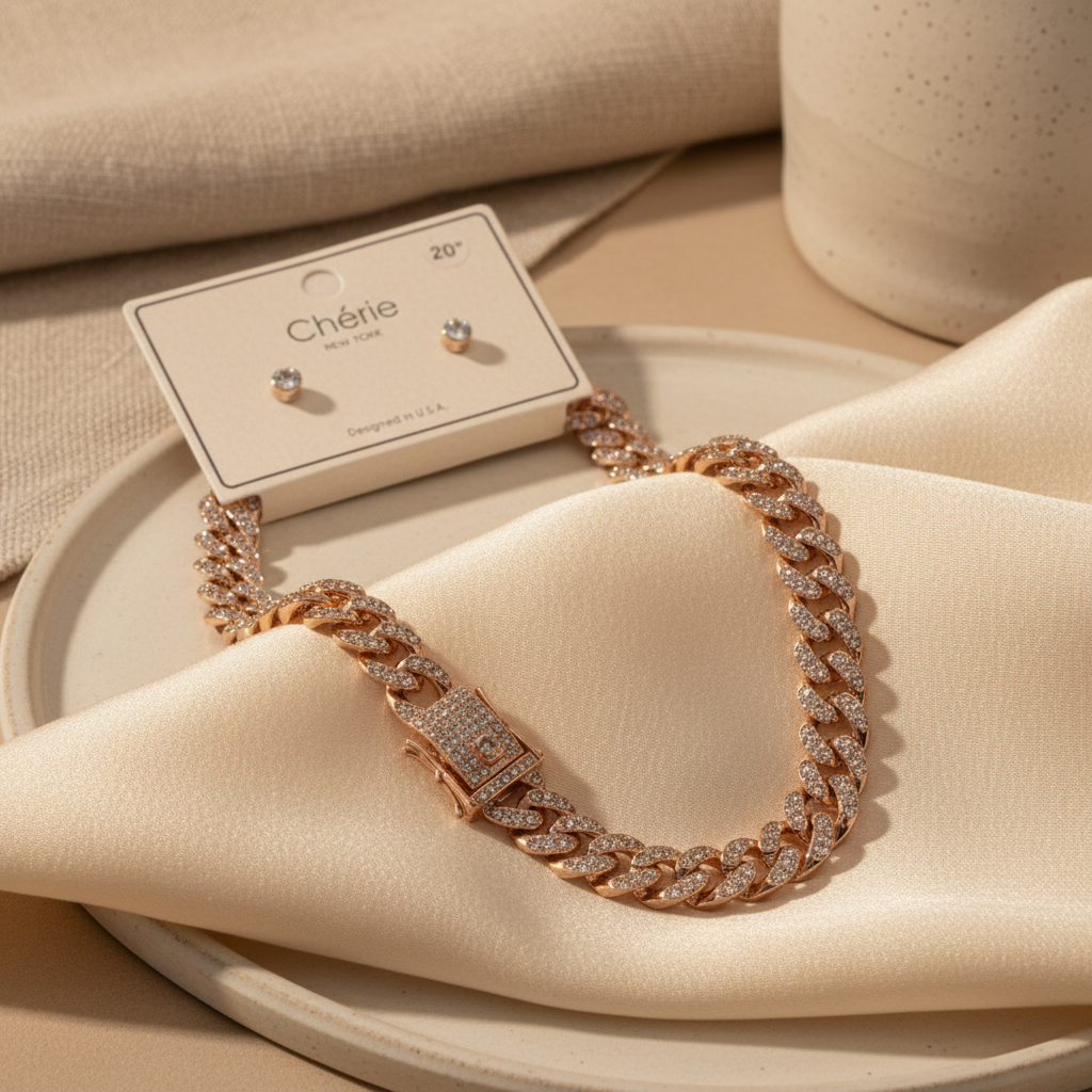 Pave cuban Link, necklace & stud set