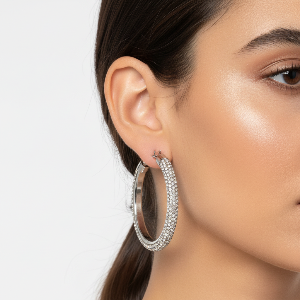 Crystal Pave Hoop Earrings- Silver silver silver plated silver