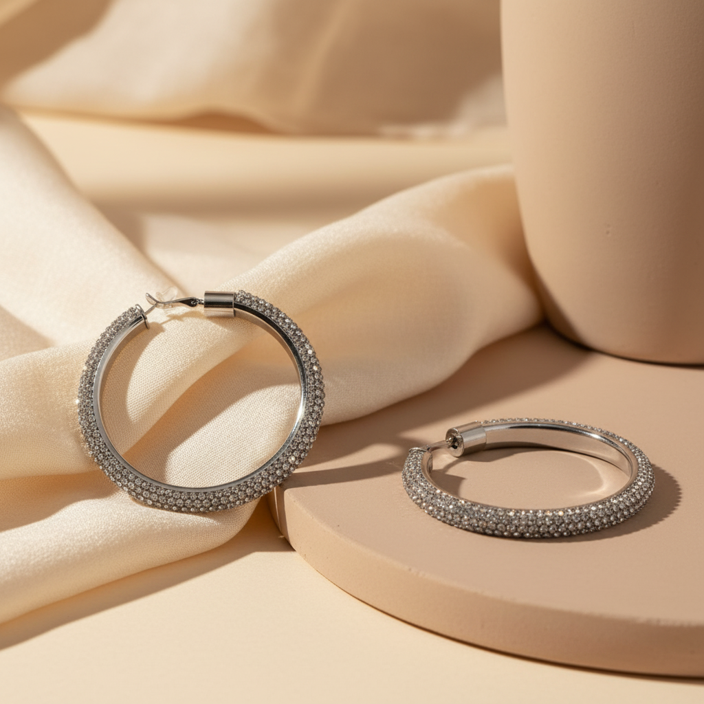 Crystal Pave Hoop Earrings- Silver silver silver plated silver