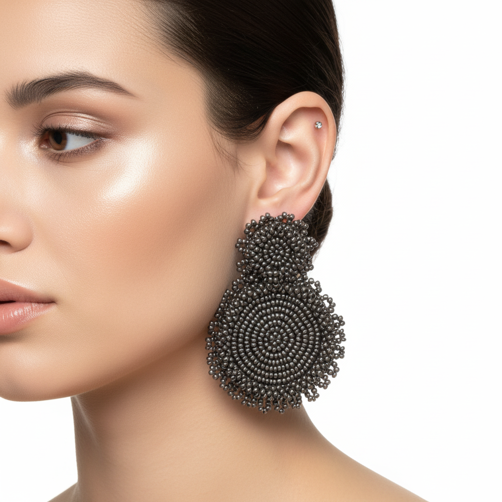 Beaded statement drop earrings- dark gray