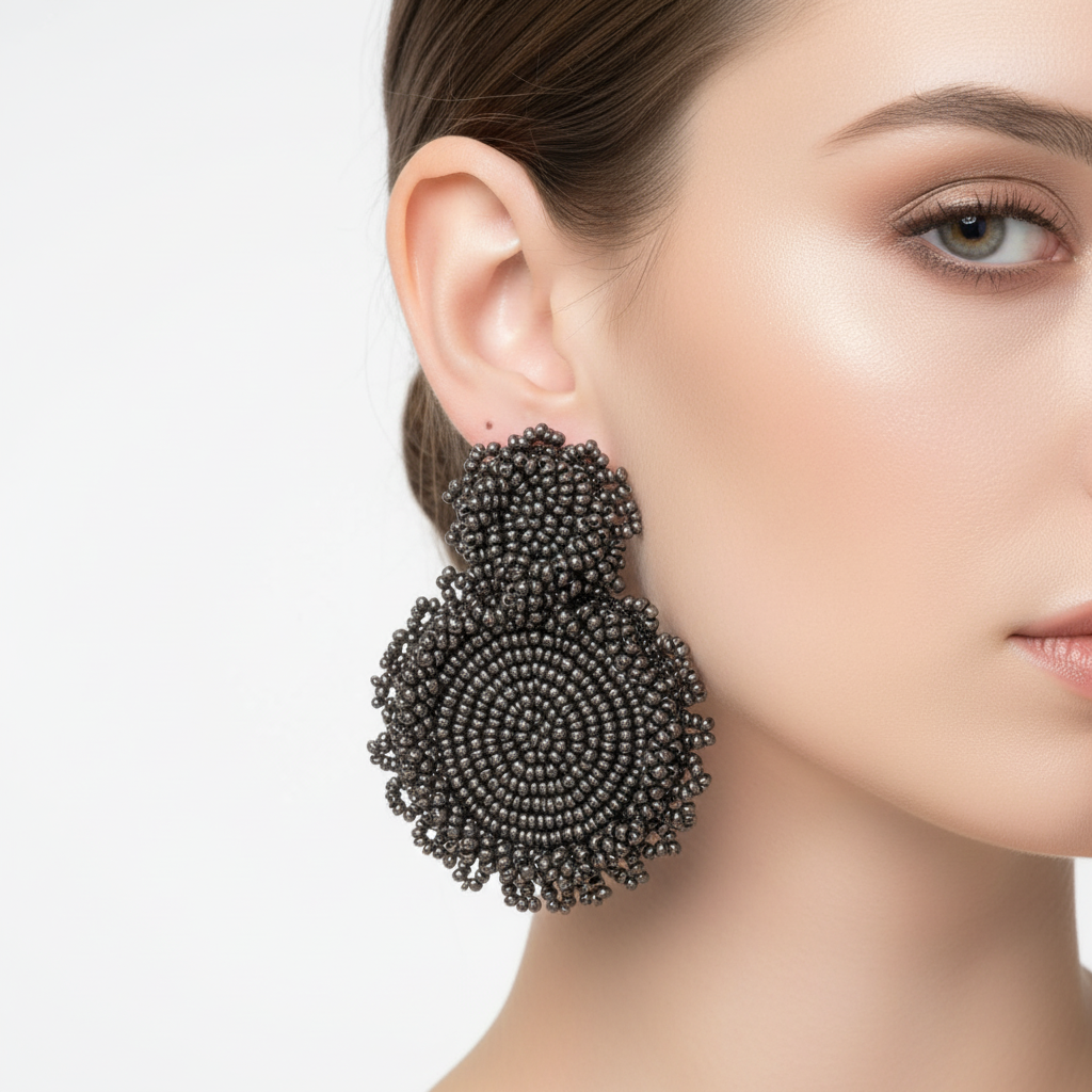 Beaded statement drop earrings- dark gray