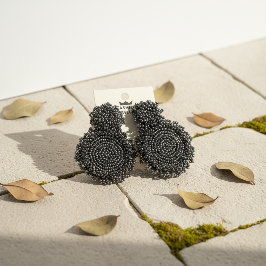 Beaded statement drop earrings- dark gray