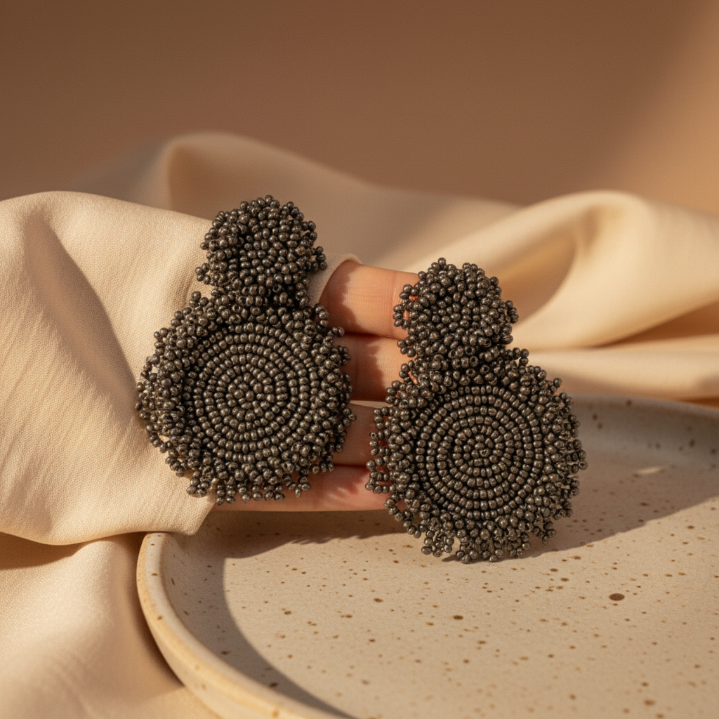 Beaded statement drop earrings- dark gray