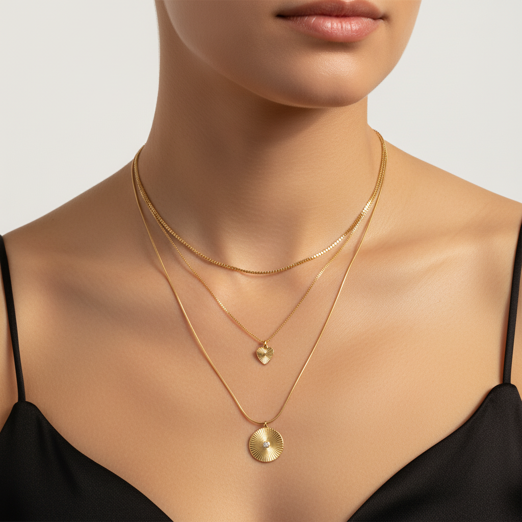 Layered gold pendant necklace set