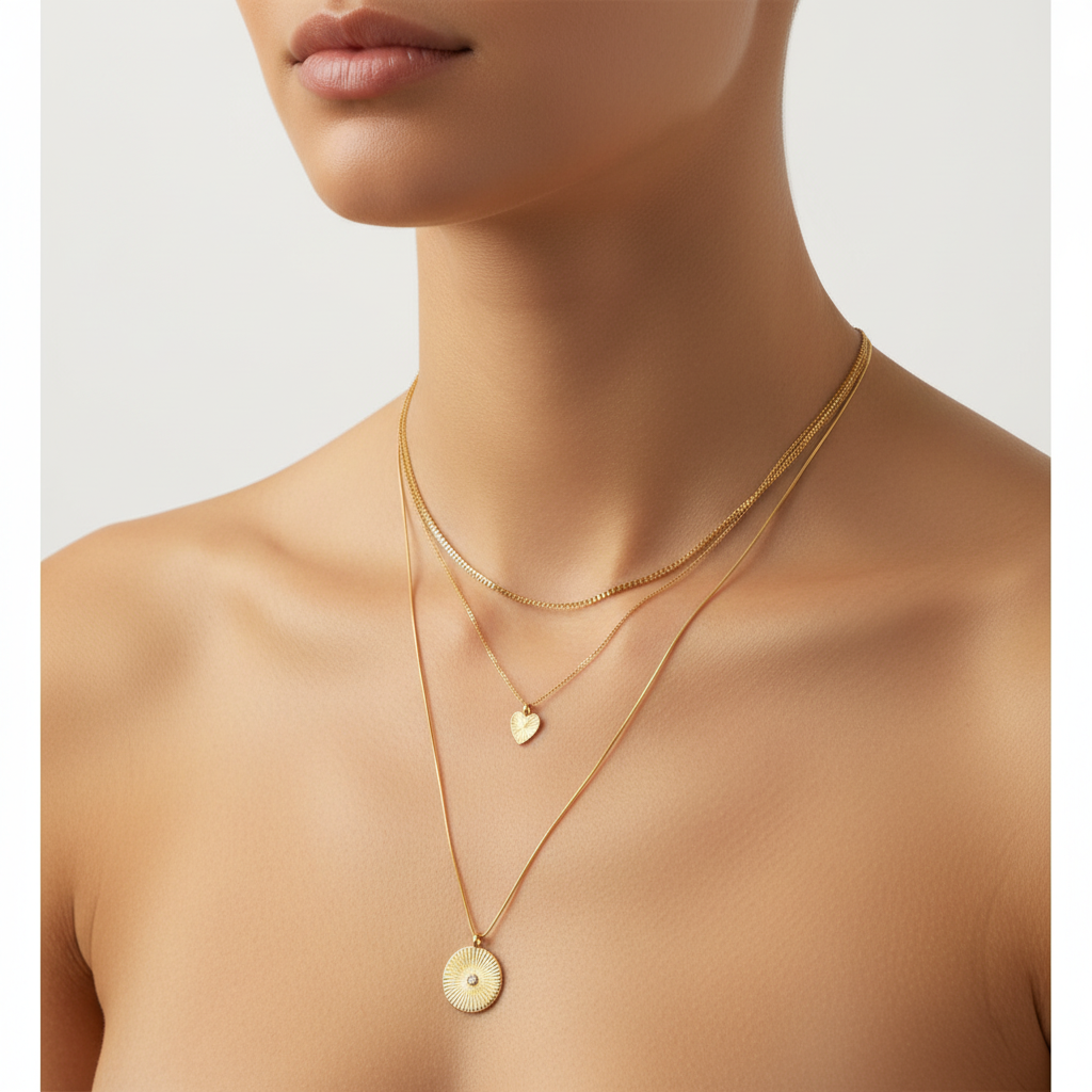 Layered gold pendant necklace set